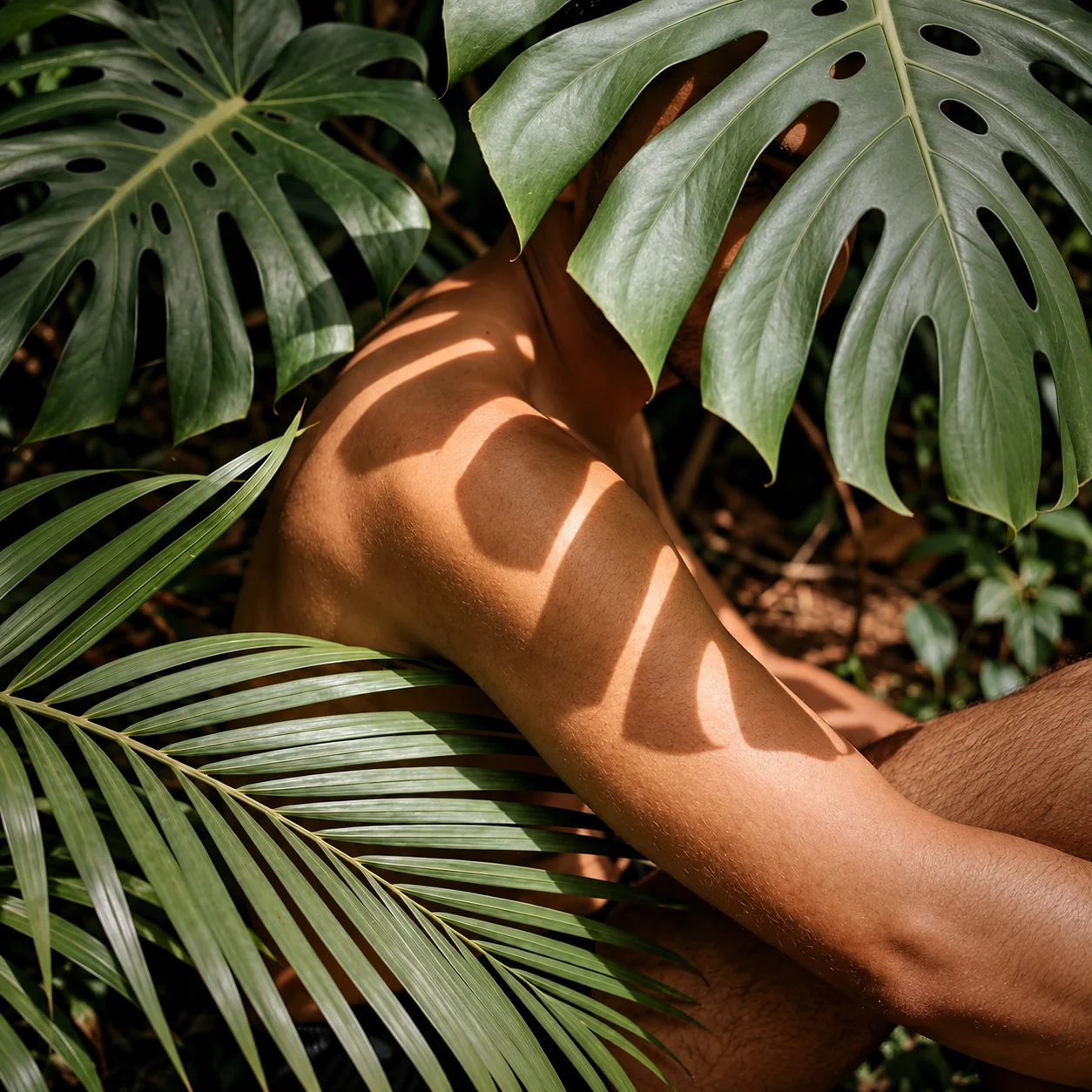 Piel iluminada por el sol entre hojas tropicales